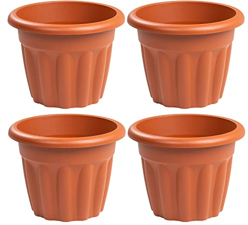 4 X 33cm Terracotta 12L Litre Round Plastic Planter with Drainage Hole, Garden Plant Pot, Floor Indoor/Outdoor, Made in UK