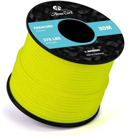 Abma Cord Paracord 275 Nylon Seil 2,4mm 30m Schnur mit 4 Kern für Basteln, Camping, Survival - Max. 125kg (275lbs) - Neon Gelb