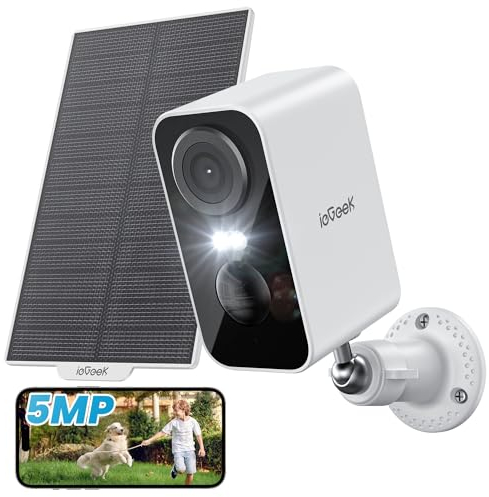 ieGeek 5MP Cámara Vigilancia WiFi Exterior Solar, Camaras de Vigilancia Sin Cables, Batería Incorporada, Visión Nocturna en Color, Detección de Movimiento Humano PIR, Audio de 2 Vias, Compatible Alexa