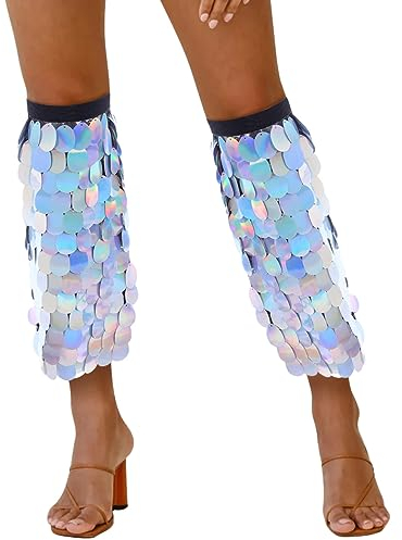 Eyret Pailletten-Beinwärmer, glitzernde Fransen-Beinstulpen, elastische Fischschuppen-Beinsocken, Party, Stiefelüberzüge, Cosplay, Rave-Outfit für Damen und Mädchen, Weiss/opulenter Garten,