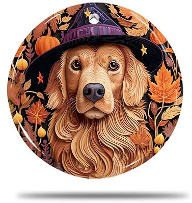 Keramik Weihnachts Ornamente, 7.3Cm Holzschnitzerei Eines Golden Retrievers Mit Hexenhut-Dekor Christbaumschmuck Hängend Weihnachtsdeko Weihnachtsschmuck