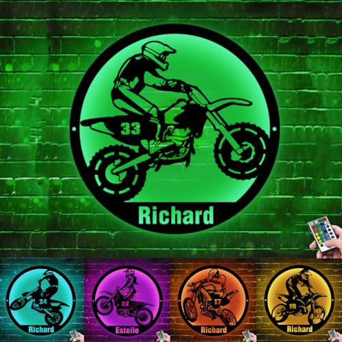 Collienght Personalisiertes Motocross-Fahrer-Namensschild aus Metall, Neonlichter, Motorrad-Wandkunst, Dekor, Motocross-Abenteuer-Schild, Dirt-Bike-Namensschild für Jungen, Herrenzimmer, Club
