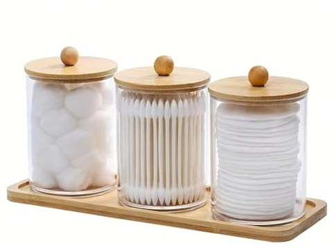Soulnioi 3Pcs Qtip Holder Dispenser with Bamboo Tray Round Cotton Pads Holder with Lid Cotton Swab Storage Box Bathroom Containers Set for Bathroom Makeup Storage