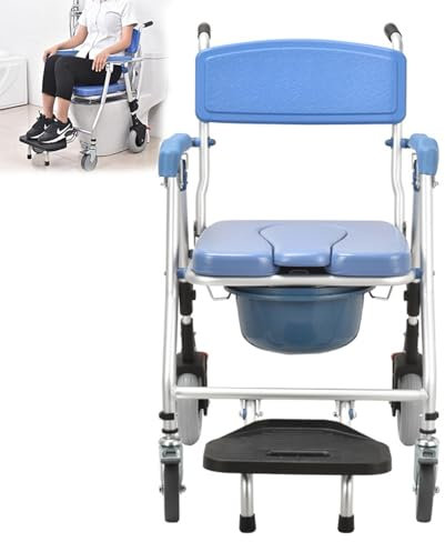 Chaise de Toilette pour Personnes âgées, Chaise Percée Pliable avec Roues Freinées, Intérieur Fauteuil Roulant de Toilette Douche pour Femme Enceinte et Personne Blessée, Capacité Portante 150k