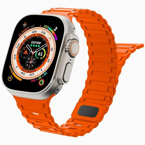 Correa de magnética para Apple Watch 49mm 45mm 44mm 42mm correas mujer hombre,correa de repuest deportivo de silicona suave para Apple watch Ultra 2 iWatch Series 9/8/7/6/5/4/3/2/1 SE,arancione