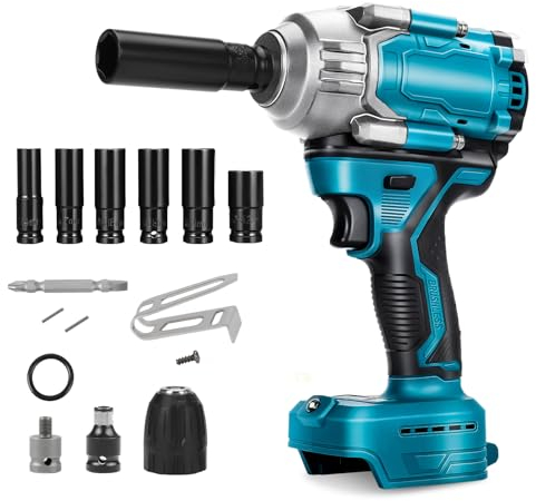 1000Nm Schlagschrauber Kompatibel Mit Makita 18V Lithium-Akku, 1/2 Zoll Bürstenloser Drehschlagschrauber Mit 6 Stecknüsse, Max Drehmoment 1500Nm (Ohne Akku)