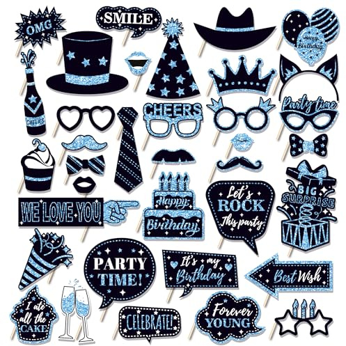 36 PCS Geburtstag Foto Booth Requisiten Party Supplies Foto Box Zubehör Urlaub Bild Dekorationen Foto Booth Requisiten für Geburtstag Karneval Halloween Gefälligkeiten Pose Zeichen Kit Spaß für Party