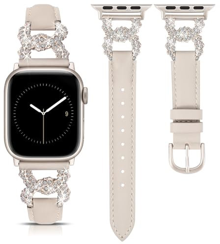 TOYOUTHS Leather Strap Compatible with Apple Watch Straps 41mm 40mm 38mm 42mm Women, Dressy Designer Diamond Interlock Buckle Thin Leather Strap for iWatch 10/9/8/7/6/5/4/3/SE, Starlight/Starlight