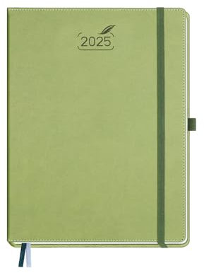 BEZEND Kalender 2025 Buchkalender ca.A4 28,5 x 21,5 cm | Terminplaner 2025 Wochenkalender 1 Woche 2 Seiten mit Monats-Register | Planer & Terminkalender A4 mit PU-Leder Hardcover - Kiwi