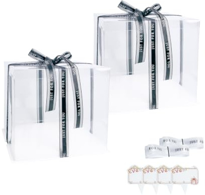 Vebetter 2er Tortenbox Transparent 22 × 22 × 18 cm für 6-Zoll-Torten | Klare Rundumsicht mit weißem Sockel und Band – ideal zum stilvollen Präsentieren und Verschenken selbstgemachter Torten.