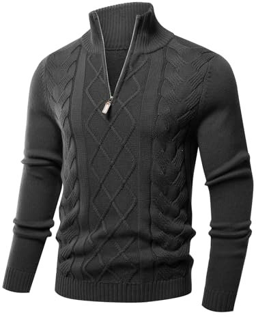 Les umes Mens Quarter Zip Sweater Cotton Mock Neck Pullover Sweaters Warm Long Sleeve Cable Knitted Jumper Dark Grey XXL
