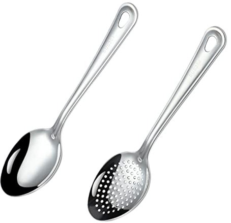BRIGHTFUFU 2stücke Teiliges Edelstahl Servierlöffel Mit Langem Griff Geschlitzt Und Glatt Spülmaschinengeeignet Robuste Praktische Küchenutensilien Für Buffet Obst Salat Und Desserts