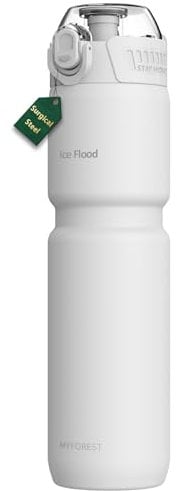MYFOREST 0,7 Liter isolierte Fahrrad Trinkflasche, Chirurgenstahl: kein Plastikgeschmack, tiefe Delle/stärkerer Griff für MTB, großer/klein Schluck 2-in-1, Schmutzkappe/kratzfest (Mattes Weiß)