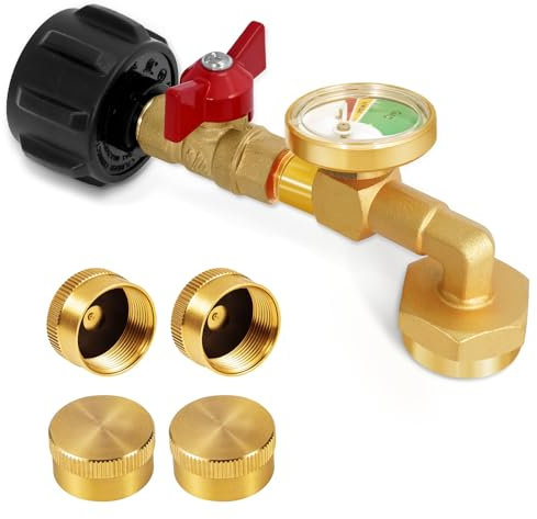 Getoolet Propane Refill Adapter for 1 lb. Tanks, Propane Refill Elbow Adapter with Valve and Gauge, Propane Adapter 20lb to 1lb Converter with 4 Caps for 1 Pound Propane Bottles