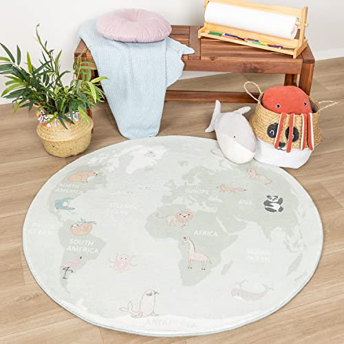 Little Olly Kinderteppich Rund - Globe Mint - - Kinderzimmer, Babyzimmer - Jungen - Mädchen - Carpet