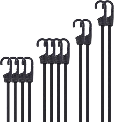 KINDPMA Pulpos Elásticas con Gancho, 12 Paquete Pulpos Elasticos Transporte, Varios Tamaños Universales Tensores Elásticos para Lonas Bicicletas Motocicletas Coches, (30cm+45cm+60cm+90cm)