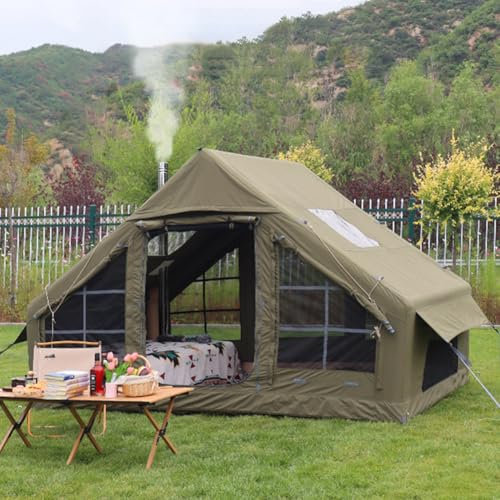 Sport Tent Cotton Canvas 2-4 Person Inflatable Tent Blow Up Tents with Pump and Stove Jack Hole,4 Season Waterproof Windproof Air Tent Pop-Up Tents,Quick to Set up