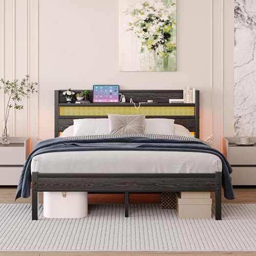 HAHRIR King Bed Frames with Storage Headboard and Charging Station/LED Lights,150x 200cm Heavy Duty Metal Kingsize Bed Frame, Strong Steel Slats Support,Texture Black
