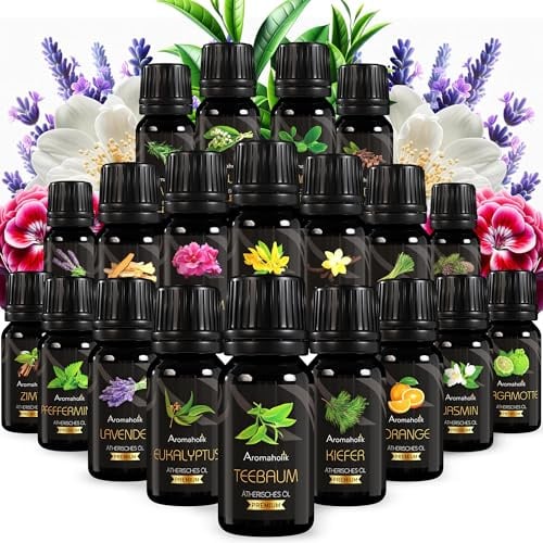 Großes Duft-Set ätherische Öle 20er – Premium Vielfalt für Diffuser & Sauna – Bergamotteöl, Vanilleöl, Teebaumöl, Patchouliöl, Jasminöl, Orangenöl, Zimtöl u. a. – 100% naturrein – 20 × 10 ml