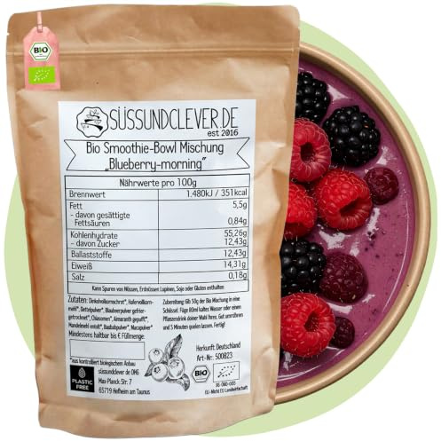 süssundclever.de® Bio Smoothie Bowl Blueberry-morning | 500g | mit Blaubeeren, Maca & Baobab | vegan | Fertigmischung | ohne Zuckerzusatz oder Aromen | Frühstück