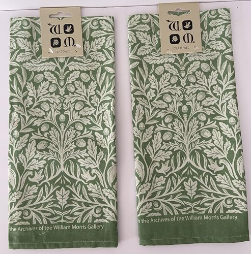 Jansons 2 x 100% Cotton Acorn Green Design Kitchen Tea Towel in Green 50cm x 70cm William Morris Gallery