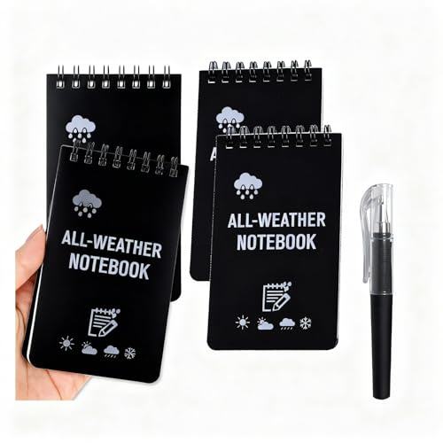 4 Stück Wasserfester Notizblock A7 Klein mit 1 Stift, Allwetter Spiralheft | Wasserfestes Papier, Pocket-Notizbuch für Schule, Arbeit, Reisen, Camping und Outdoor-Feldnotizen