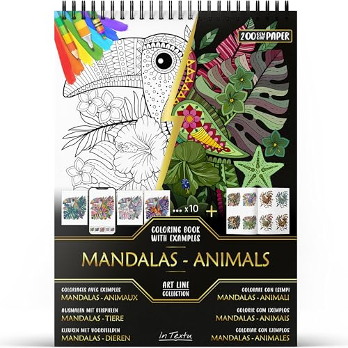 In Textu Malbuch für Erwachsene, Mandalas, Tiere, Papier 200 g/m² | Spiralbindung, A4, Premium-Qualität, 30 Zeichnungen, 300 Farbvorlagen, für Stifte und Marker, Acryl|Alkohol|Wasser