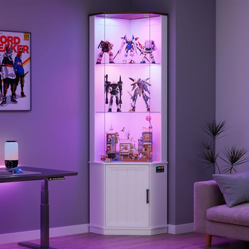 Lvifur 175cm Corner Glass Display Cabinets with RGB Sensor Light, White | Curio Display with Lights,3-Tier Display Case with Human Body Sensor for Collectibles Bookcases for Toys,Collectibles,Liquor