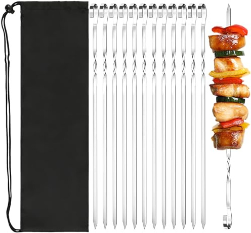 FEMONGY 12 Pièces Pic à Brochette, Pique Brochette Inox 39cm, Brochette Barbecue Réutilisable et Résistante à la Chaleur, Accessoires Barbecue avec Sac