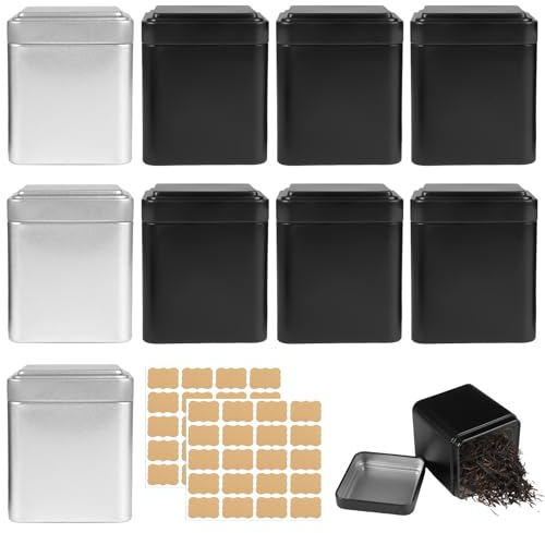9 Piezas Clásicos Rectangulares para Té Suelto, Recipiente para Té Suelto | 8.5x7x7 cm, Incluye 40 Etiquetas, Metálicos Rectangulares de Latas, Apilables, Herméticos, para Especias, Granos de Café
