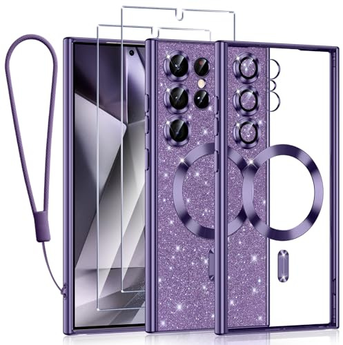 Tikfrlo Handykette für Samsung Galaxy S24 Ultra 5G Hülle mit MagSafe, Glitzer Magnetisch Handyhülle Stoßfeste Silikon TPU Schutzhülle Case für Samsung S24 Ultra 5G mit 2 Stück Schutzfolie, Lila