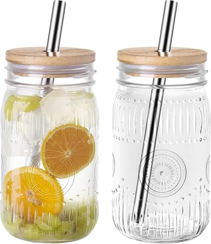 Consou Lot de 2 Verres à Bulles en Verre, 1000ml/32oz Verre avec Couvercle et Acier inoxydable Paille, Verres à Eau Design Hermétique et étanche pour Latte Matcha Cocktail Café Smoothie Milkshake Jus