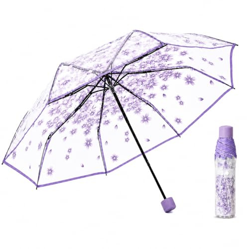 Regenschirm Transparent Damen, Manueller Taschenschirm Durchsichtig Faltbar Klein, Klarer Schirm mit Sakura-Muster & Mattiertem Griff, Leichter Reise Regenschirm für Hochzeit, Alltag, Fotoshooting