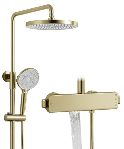Colonna Doccia con Miscelatore Termostatico, Set Doccia Oro Spazzolato con Rubinetto della Vasca Cascata, 26cm Rotondo Soffione e 3 Modalità Doccetta, Sistema Doccia Pioggia in Ottone