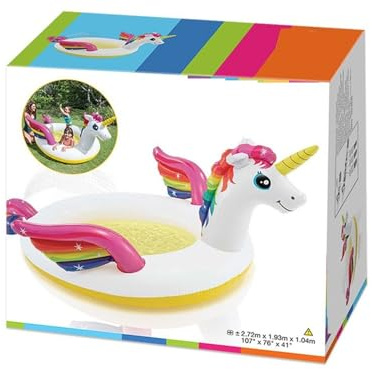 Piscina hinchable de unicornio para niños con pulverizador de agua, 272 x 193 x 104 cm, 151 litros, vinilo resistente, 2 cámaras de aire con doble válvula, parche de reparación incluido
