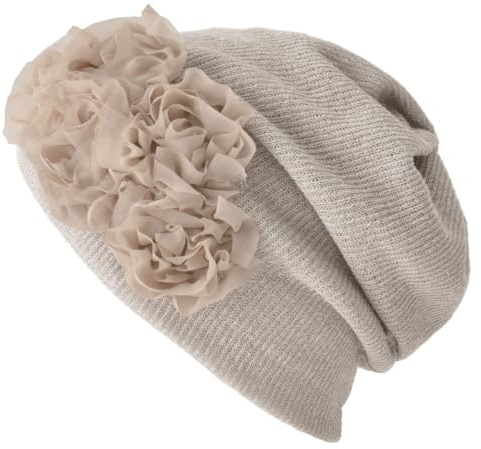 CHARM Damen 3 in 1 Multifunktionstuch - Beanie Mütze Stirnband Halstuch Loop Schal mit Blumenapplikation Sommer Winter Beige
