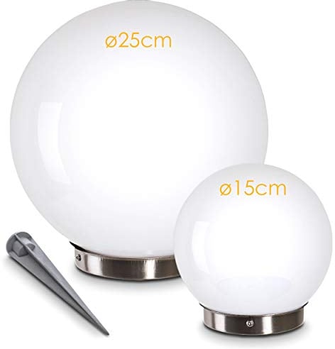 Solarleuchte Nassau, Kugellampe 2er Set, Kugelleuchten aus weißem Kunststoff, Ø 15 und 25 cm mit Erdspiess, Außenleuchten mit Ein/Aus-Schalter, Solarlampen mit Dämmerungsschalter