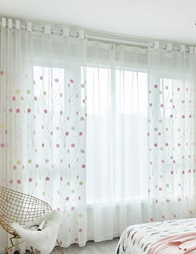 Lactraum Vorhang Wohnzimmer Transparent Weiss Stickerei Blumen Blumenrebe Voile Rosa mit Universalband 145 x 245 cm