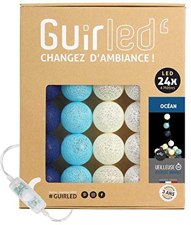 GuirLED - LED Baumwollkugeln Lichterkette USB - Baby Nachtlicht 2h - Dual USB 2A Netzteil enthalten - 3 Intensitäten - 24 Kugeln 2.4m - Océan