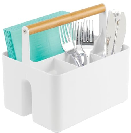 mDesign Aufbewahrungskorb für die Küche – tragbare Aufbewahrungsbox aus Kunststoff mit Holzgriff – mit 4 Fächern ideal als Besteck- und Serviettenhalter – weiß und naturfarben