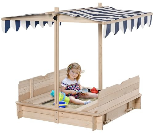 Outsunny Kids Wooden Sand Pit with Lids, Children Sandbox Height Adjustable Canopy for Garden, Convertible Bench Outdoor Garden Playset, Blue and White Canopy