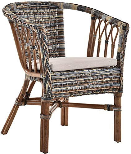 Korb-Outlet Stapelbarer Rattan-Sessel/Stuhl aus Natur-Rattan inkl. Polster Mehrfarbig (Blau, Braun, Creme)