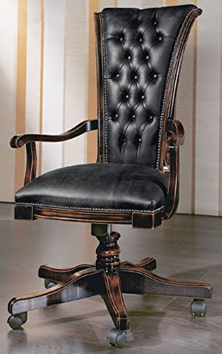 Casa Padrino Luxus Chesterfield Bürostuhl Vintage Schwarz/Dunkelbraun 64 x 49 x H. 107-117 cm - Höhenverstellbarer Schreibtischstuhl mit Echtleder - Büromöbel - Chesterfield Möbel - Echtleder Möbel