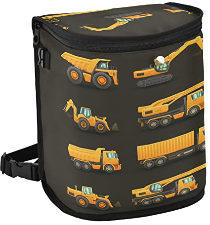 Yellow Construction Machinery Trucks, Crane, Loader, Bulldozer Spill-Proof Car Trash Can with Big Lid, Leakproof Hanging Garbage Storage Bag, Large Auto Bin Waste Basket for Truck Van