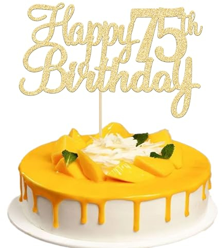 Gyufise 1Pc Happy 75th Birthday Cake Topper Glitter 75th Birthday Cake Pick Cheers to 75 Years Old 75 Fabulous Cake Decorations for 75th Birthday Theme Party Supplies Gold