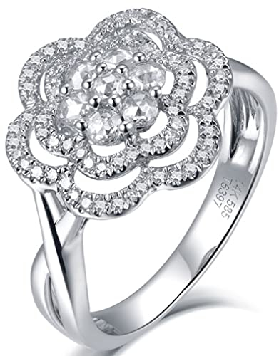 Whoiy 18K Weißgold Ringe Ring Hochzeitstag Blumen mit Diamant 0.41ct Schmuck Geburtstag Geschenke für Ehefrau Silber Gr.47 (15.0)