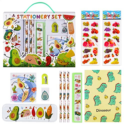 Vicloon Avocado Schreibwaren, Schreibwaren Geschenk Federtaschen Set, Pencil Case, Radiergummi, Anspitzer, Notizbuch, Lineal, Bleistift, Blasenaufkleber, Kinder Mitgebsel, für Mädchen und Junge