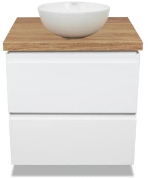 VBChome Badmöbel 50 cm Weiß Stella Aufsatzwaschbecken ohne Hahnloch 36x36 cm Klein Aufsatzwaschtisch mit Waschbeckenunterschrank 2 Schubladen Moduo Badezimmerschrank Modern