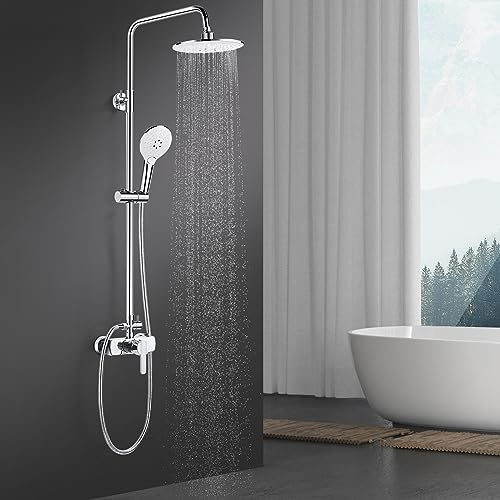 AIMOYO Colonne de Douche avec Mitigeur Monocommande, Ensemble de Douche Réglable en Hauteur, Mitigeur Douche avec Douche de tête et Douchette 3 Jets pour Salle de Bain, Chromé, 80-117 cm