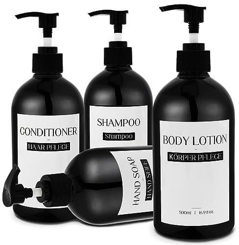 4er Pack 500ml Schwarze Seifenpumpflasche, Leere Kunststofflotion, Geschirrspülmittel, Shampoo- und Conditionerflaschen, Flüssigseifenspender mit Wasserdichten Etiketten und Trichter für Badezimmer